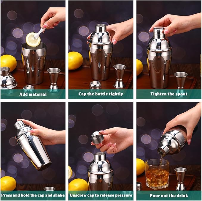 Umigy Cocktail Shaker Set Martini Shaker Bulk Stainless Steel Martini Mixer with Strainer and Double Measuring Jigger for Bar Party Home Use Wine Bar Tool (18 Oz/ 550 ml,2 Packs)