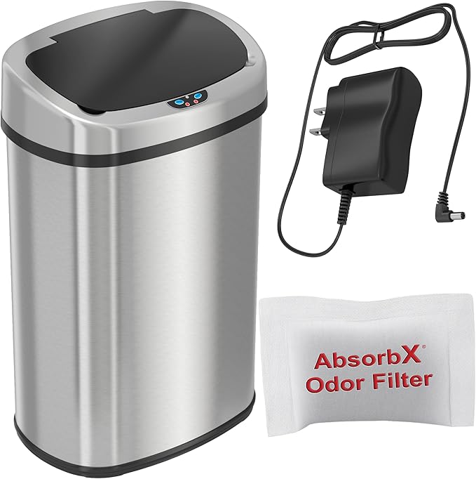 SensorCan 50 Liter / 13 Gallon Kitchen Trash Can with AC Adapter & Odor Filter Kit – Motion Sensor Stainless Steel Garbage Bin for Home, Office, Garage – Slim Oval Shape, Large Capacity Design