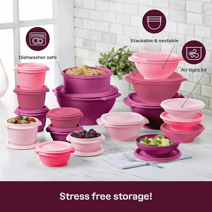 Tupperware Heritage Collection, New 36 Piece Food Storage Container Set in Vintage Pink, Dishwasher Safe and BPA Free (18 containers, 18 lids)
