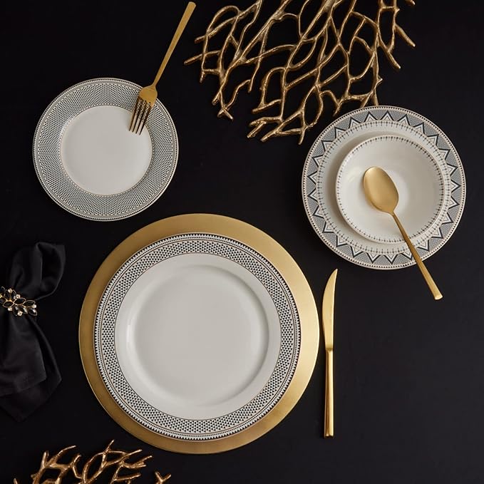 Karaca Globe 24-Piece Dinnerware Set for 6 People - Kitchen Dish Set for Salad, Soup, Pasta, Noodle & More - Modern Chic Porcelain Dishware Plate Set (White with Black Triangle Design)