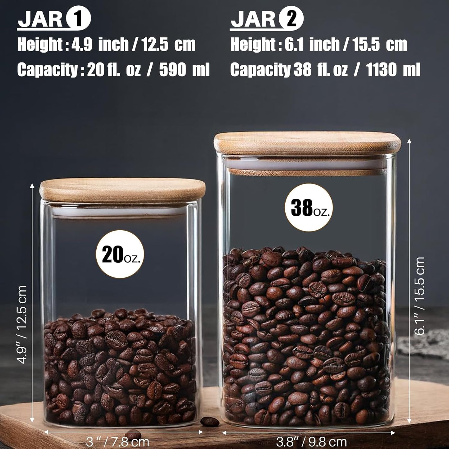 38 oz Glass Food Storage Jars with Airtight Lids, Clear Glass Jar with Bamboo Lid, Airtight Food Canister for Tea, Candy, Coffee, Sugar, Cookie, Snack. (Square | 5+6 Inch)