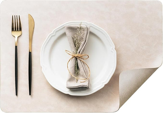 DOLOPL Placemats Set of 8 Reversible Dual-Color Table Placemats –Heat Resistant Wipeable & Washable Place Mats, Luxury Faux Leather Table Mats for Vintage Dining Table Decor (Beige&Light Grey)