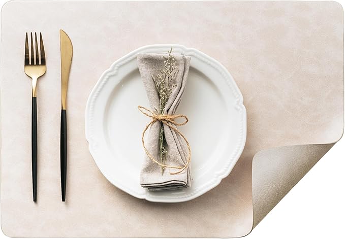DOLOPL Placemats Set of 4 Reversible Dual-Color Table Placemats –Heat Resistant Wipeable & Washable Place Mats, Luxury Faux Leather Table Mats for Vintage Dining Table Decor (Beige&Light Grey)