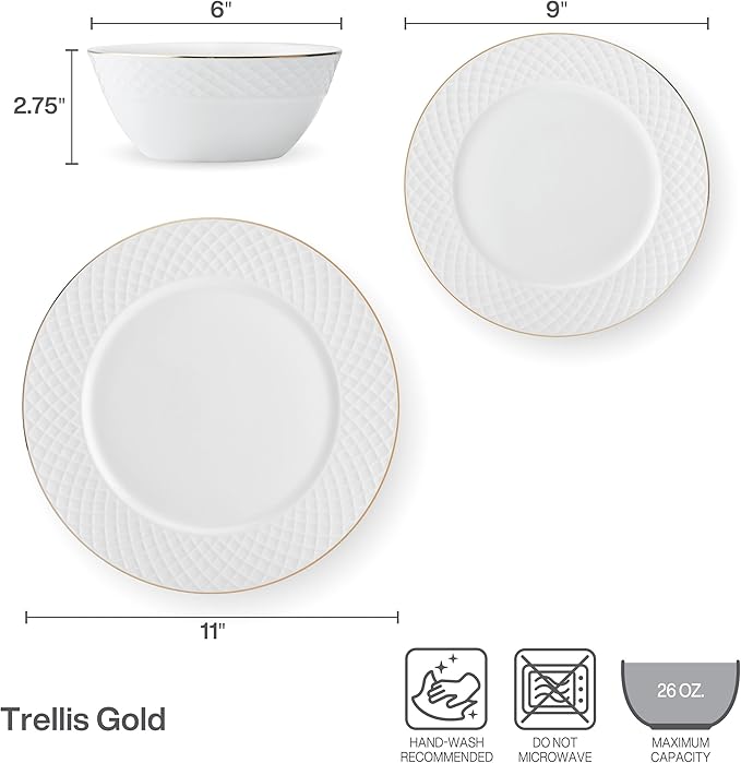 Mikasa Trellis Gold Rim Bone China Lightweight Chip Resistant 12 Piece Dinnerware Set, Service for 4