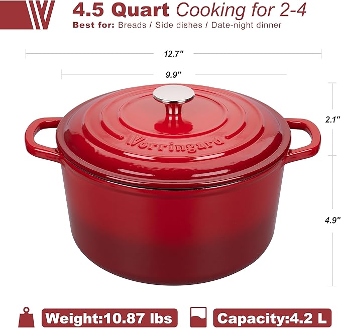 Enameled Cast Iron Dutch Oven Pot with Lid, for Sourdough Bread Baking, Round Dutch Ovens, 4.5 Quart, Red