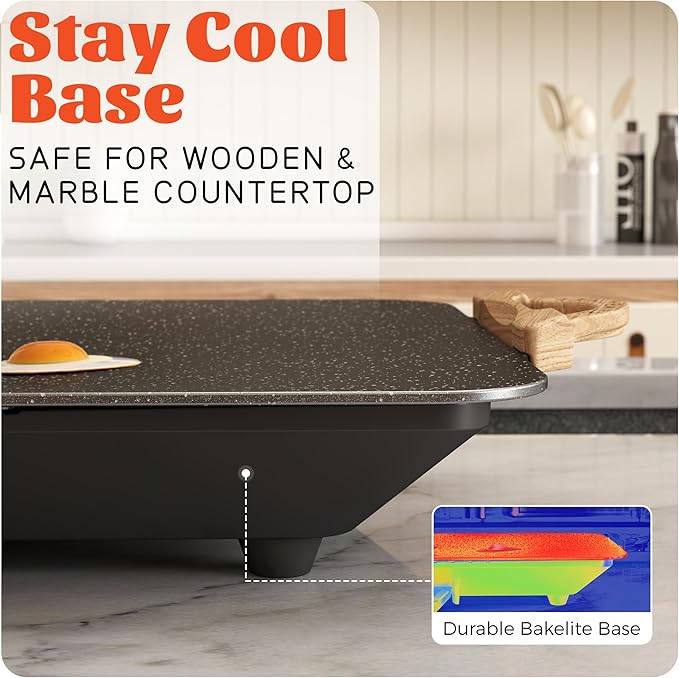 12x20inch Electric Griddle by BBQ Masters, 1700W Fast Even Heating, ILAG Granite Nonstick, Sloped Cooking Surface, Frameless Design for Easy Cleaning, Great for Family Gatherings, Black