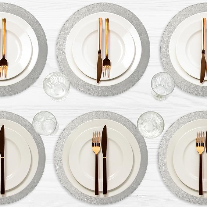 Placemats Set of 6 – Round 15” Faux Leather Table Mats for Dining, Heat Resistant & Non-Slip Washable Table, Indoor, Outdoor, Dining Table Set for 6, Modern Kitchen & Holiday Use, Silver