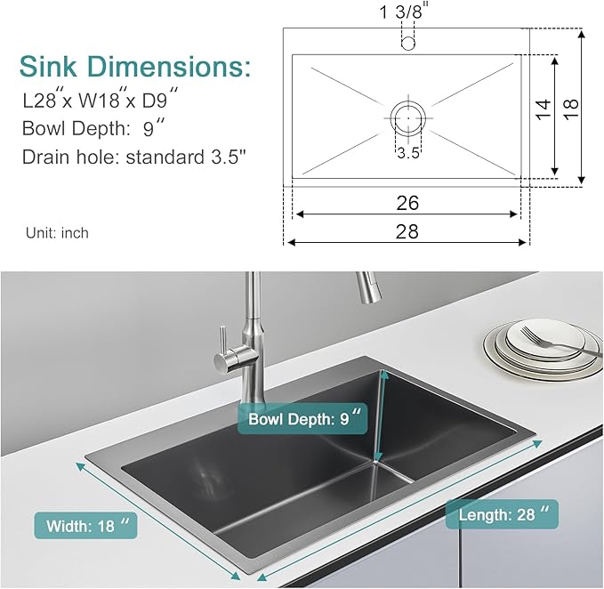 28x18 inch Drop in Kitchen Sink Black - 18 Gauge Top mount Bar Sink Single Bowl, 9 inch Deep Stainless Steel Overmount Sinks Handmade with Strainer