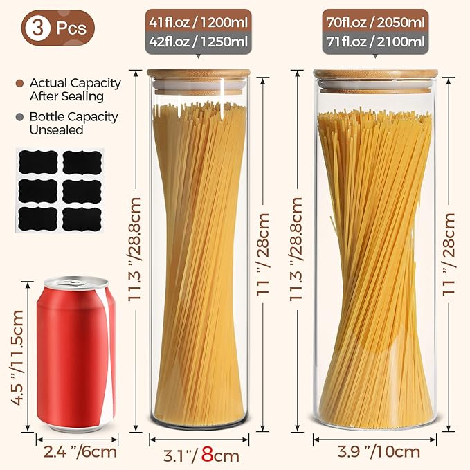 ComSaf Glass Spaghetti Pasta Storage Container for Kitchen Pantry with Lids 41oz Set of 3, Tall Clear Airtight Food Storage Jar with Sealing Wood Cover for Coffee, Sugar, Noodles, Linguini, Lasagna