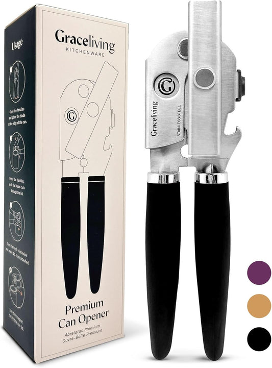 Premium Multifunctional Magnetic Manual Can Opener and Bottle Opener, Heavy Duty Stainless Steel Sharp Cutting Blade and Oversized Easy Turn Knob, Soft-Touch Handle, Kitchen Use, Black