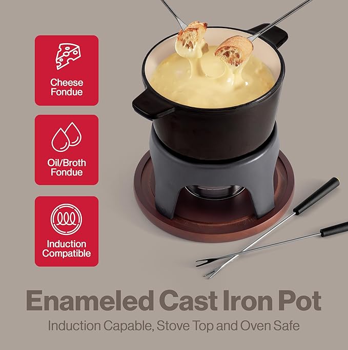 Swissmar Sierra Cast Iron Fondue Set, 1.6 Quart / 1.6 Liter – Perfect for Meat, Cheese, & Chocolate Fondues – Ideal for Family Bonding & Hosting Gifts - 12-Pieces, Metallic Black