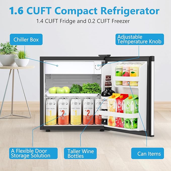 1.6 Cu.ft Mini Fridge with Freezer, Compact Refrigerator, Single Reversible Door, Ultra Quiet, Energy Efficient for Office, Dorm, Bedroom, Apartment, Silver