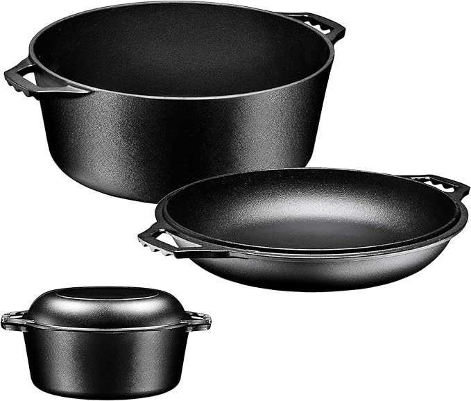 Bruntmor Pre-Seasoned Cast Iron Double Dutch Oven with Skillet Lid - 7 Quart All-in-One Casserole and Braising Pan - Heavy Duty and Oven Safe Black Cookware for Versatile Cooking - 14.7 x 6.9 Inches