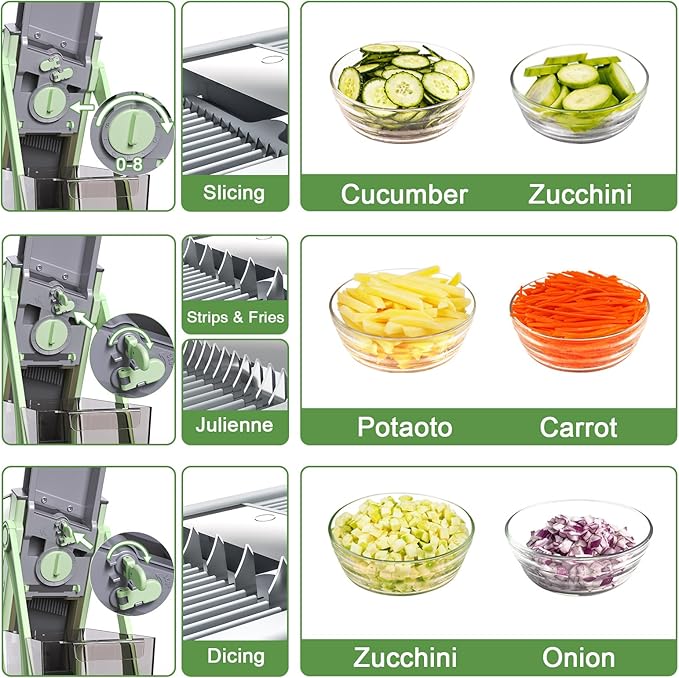 All-in-1 Update Safe Mandoline Slicer for Kitchen, Food Chopper with Container, Thickness Adjustable Vegetable Chopper, Potato French Fry Cutter Tomato Apple Slicer Onion (Matcha Green)