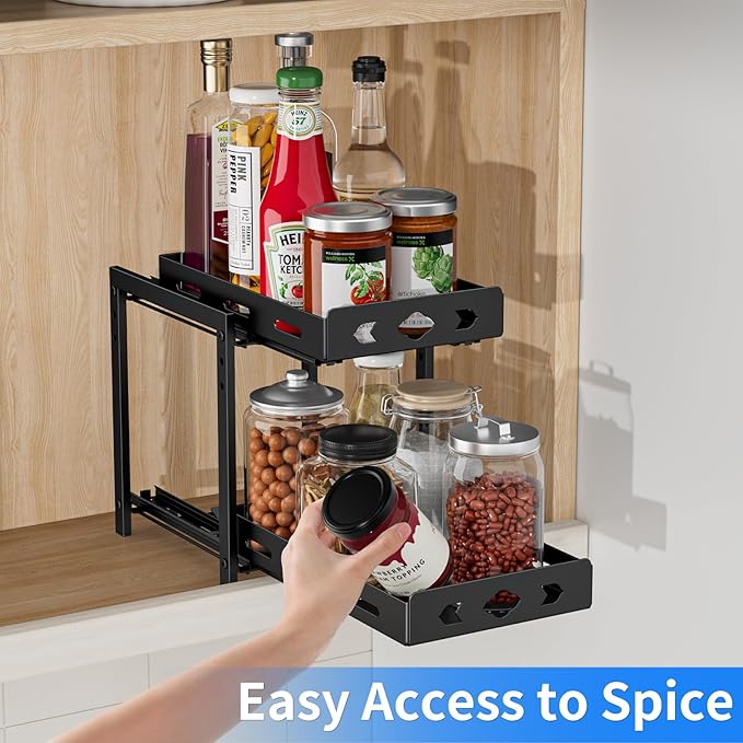 Pull Out Spice Racks for Inside Cabinets, 2-Tier Cabinet Spice Rack Organizer, Height Adjustable Vertical Spice Rack for Kitchen Cabinet (7.5''Wx10.8''Dx9.2''H, Metal Black)