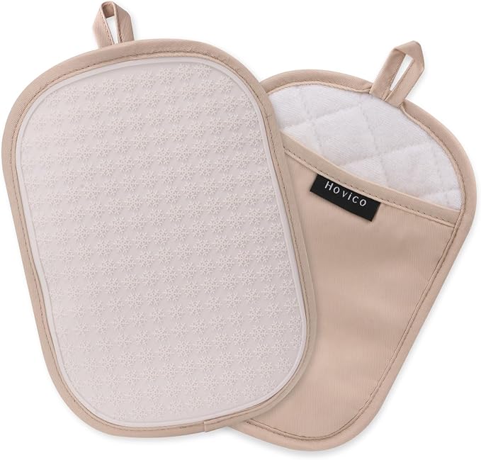 Hovico 2PCS Silicone Pot Holders, Oven Mitts Heat Resistant Hot Pads with Pockets, Non Slip Pot Holder for Kitchen Baking and Cooking| 9.8 x 7 Inches | Towel Cloth Interior Lining - Milkshake