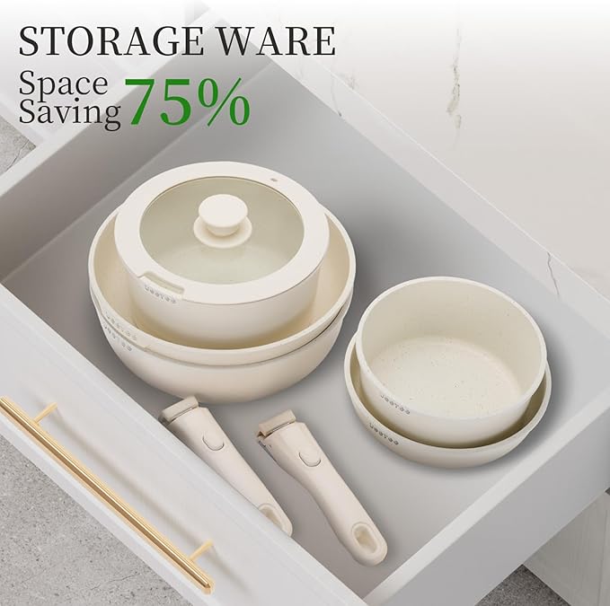 JEETEE Nonstick Pots and Pans Set with Removable/Detackable Handle (Beige, 19 pcs)