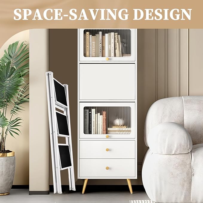 HBTower 3 Step Ladder Folding Step Stool, 330 Lbs Capacity Step Stool for Adults, Closet Step Stool Ladder with Anti-Slip Wide Pedals Household Office, White