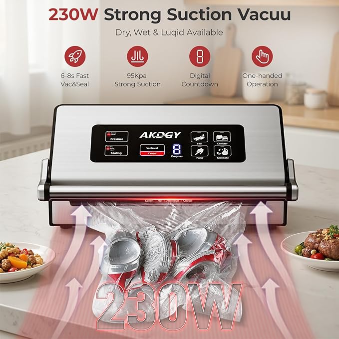 95Kpa Liquid Vacuum Sealer Machine, Full Automatic Food Sealer for Dry/Liquid/Moist Foods | Strong Suction | Digital Timer | One-Touch Operation | Built-in Cutter & Bag Storage | Removable Drip Tray