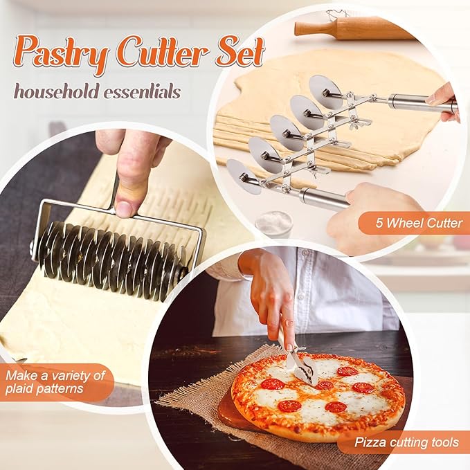 Gisafai 3 Pcs Pastry Cutter Set 5 Wheel Adjustable Pizza Slicer Stainless Lattice Roller Slicer Dual Ravioli Dough Cutter for Christmas Kitchen Pizza Noodle Pasta Maker
