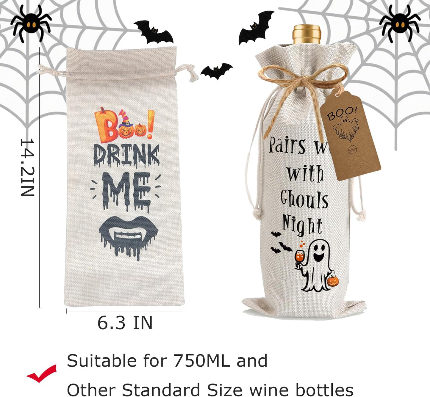 1Pcs Ghouls Night Gifts Wine Bag,Halloween Wine Bag,Happy Halloween Gifts Party Decorations for Women Menwith 1Pcs Kraft Blessing Cards and natural jute rope