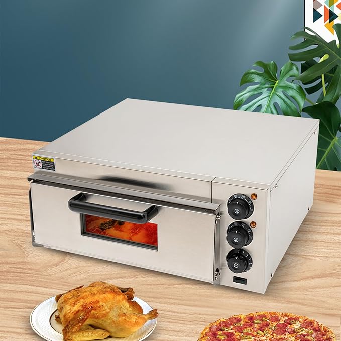 1800W Electric Pizza Oven Indoor Countertop Commercial Pizza Oven Stainless Steel Pizza Cooker w/Pizza Stone 122-662°F Heat Adjustable 0-30min Timer 20L/5.28Gal for Restaurant Home (Silver)