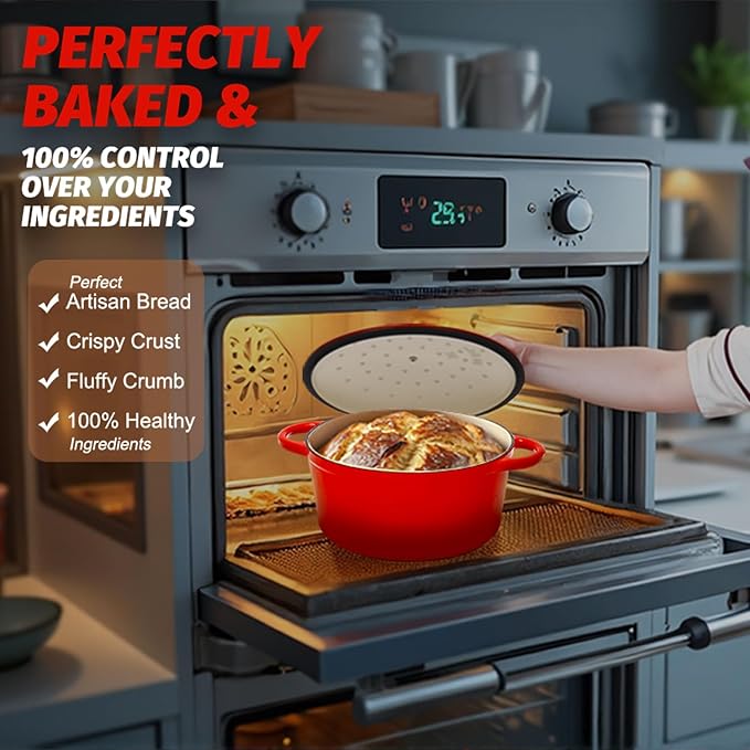 5QT Enameled Cast Iron Bread Oven with Proofing Basket for Bread Baking, Bread Making Supplies Tools,Heavy-Duty Cookware for Braising, Stews, Roasting, Bread Baking (Red)