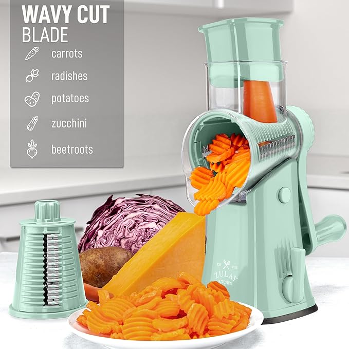 Zulay Kitchen Rotary Cheese Grater 5 Blade Cheese Shredder - Manual Hand Crank Cheese Grater With Reinforced Suction & 5 Interchangeable Drums - Easy to Use, Vegetable Chopper Round Mandoline Slicer