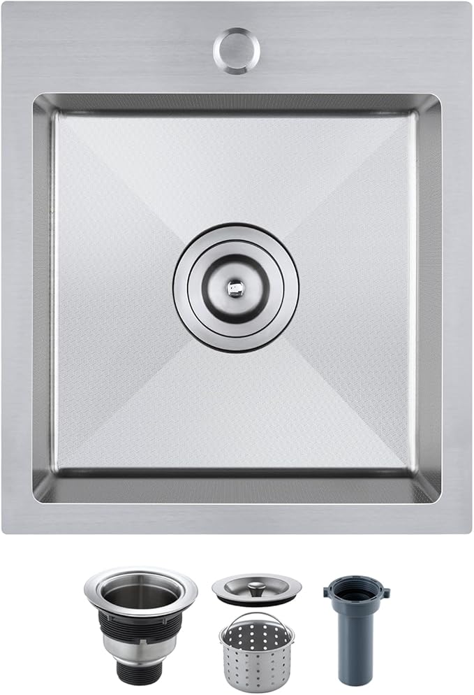 ROVOGO 15"x17"x8" Kitchen Bar Sink, 304 Stainless Steel, Drop-In Single Bowl with Anti-Scratch Honeycomb Surface, 1 Faucet Hole Top Mount Small Wet Bar Sink, Brushed Finish
