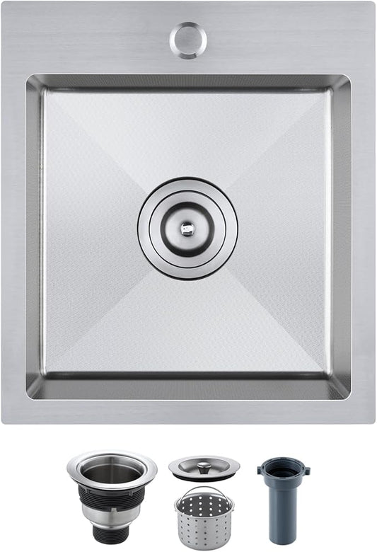 ROVOGO 15"x17"x8" Kitchen Bar Sink, 304 Stainless Steel, Drop-In Single Bowl with Anti-Scratch Honeycomb Surface, 1 Faucet Hole Top Mount Small Wet Bar Sink, Brushed Finish