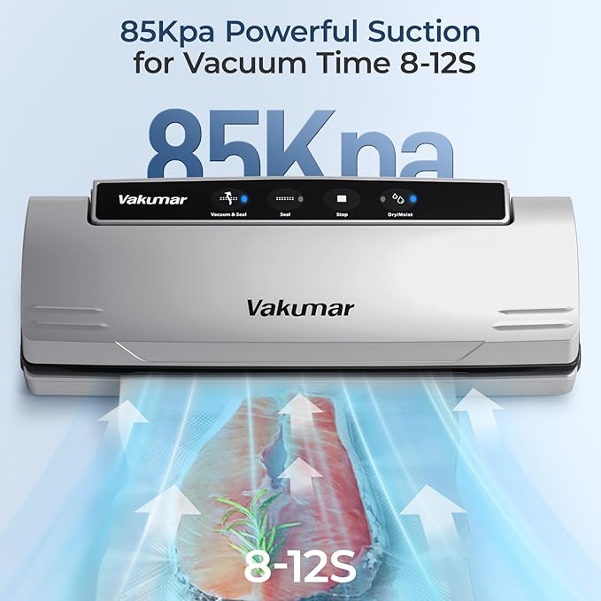 Upgraded Vacuum Sealer Machine for Food, 8 in 1 Food Sealer Vacuum Sealer with Powerful Suction, Dry & Moist Modes, Sous Vide Compatible, Included Car Charger(In-vehicle use)