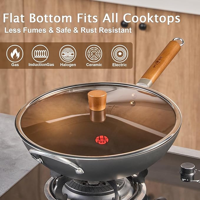WANGYUANJI 14.2-Inch Pure Iron Wok with Lid, Flat-Bottom Uncoated Stir-Fry Pan for Induction/Gas/Electric, Traditional Chinese Wok with Tempered Glass Lid & Wood Handle