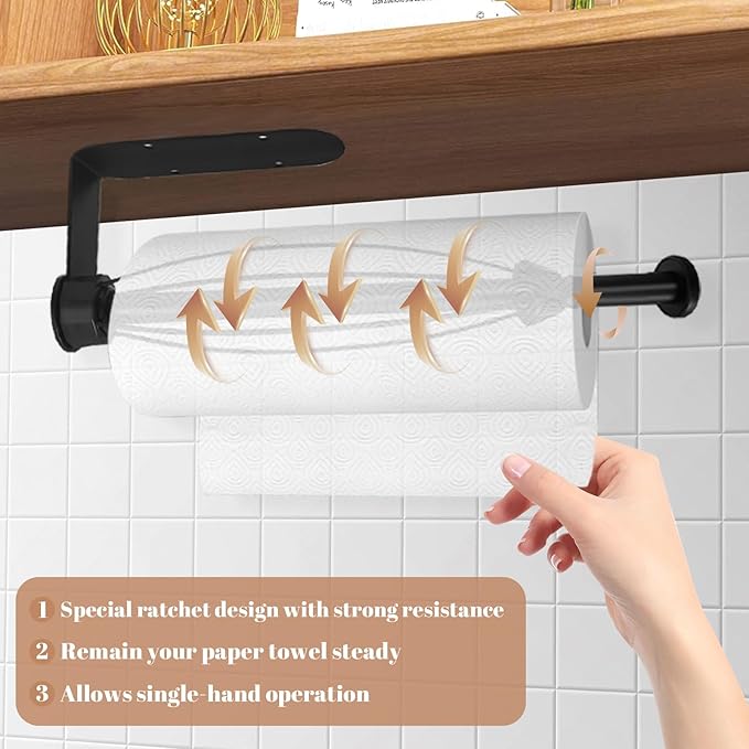 Paper Towel Holder Under Cabinet, Self-Adhesive Hanging Paper Towel Holder with Damping Effect, Under Counter Paper Roll Holder for Kitchen, Bathroom, RV