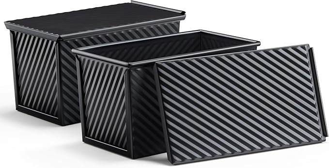 LIANYU 2 Pack Pullman Bread Loaf Pan with Lid, 1 Pound Dough Nonstick Loaf Baking Pans, Metal Bakeware for Sourdough Sandwich Homemade Bread, Carbon Steel Corrugated Toast Tin, Black