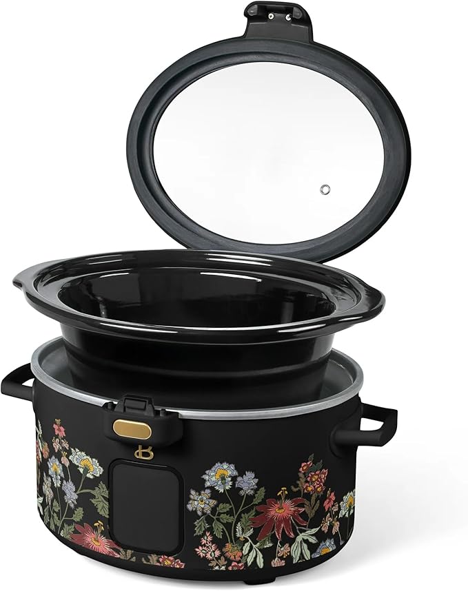 Beautiful 4-Qt Programmable Slow Cooker with Hinged Locking Lid & Touch Display – 3 Heat / 4 Timer Settings (Wildflower Black)