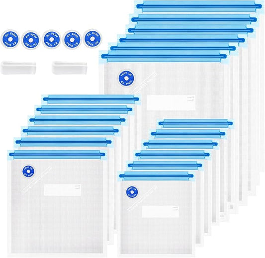 Sous Vide Bags 25Pcs, Reusable BPA Free Vacuum Sealer Bags Vacuum Food Storage Bag for Cooking/Food Storage/Microwave Heating - 3 Size 18Pcs Vacuum Zipper Bag & 5 Air Valves & 2 Seal Clips