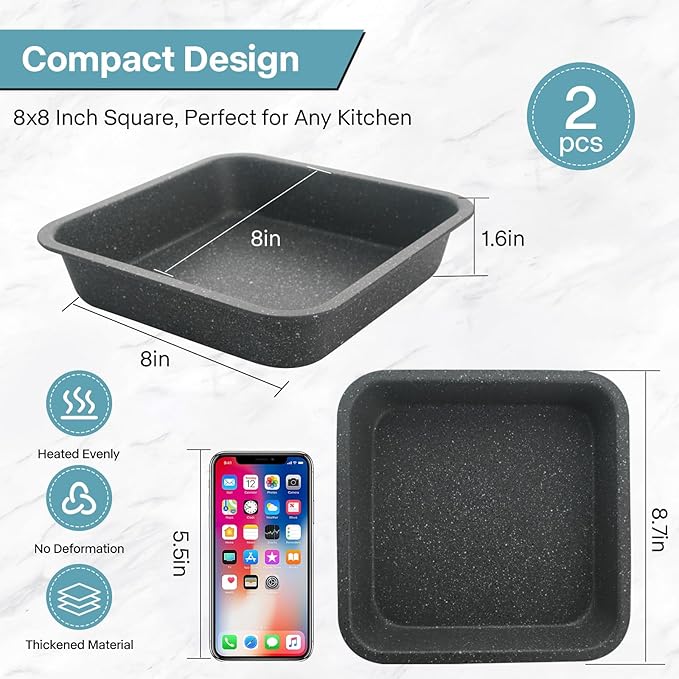 2-Pack 8x8 Baking Pan, Non-Stick 8 inch Square Paking Pan, Cornbread Square Cake Pan, Suitable for Home Kitchen Daily Baking, Wedding, Birthday Party Brownie Making, Easy Release