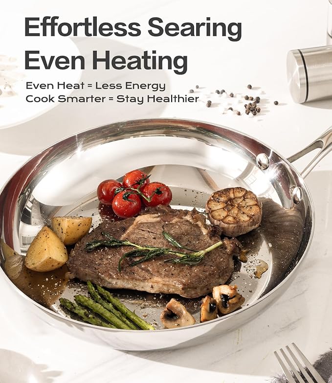 10 Inch Stainless Steel Frying Pan - 3 Ply Stainless Clad Skillet with Aluminum Core, Durable and Even Heating, Professional Cookware for Induction, All Stoves Compatiable Oven & Dishwasher Safe