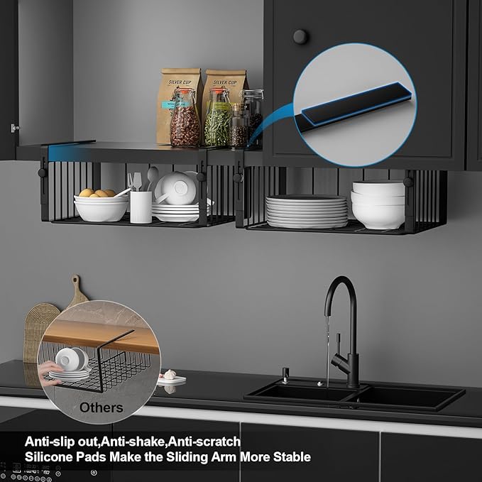 2Pack Under Shelf Basket Organizer,Adjustable Hanging Holder Storage for Cabinet Pantry Kitchen Cupboard Desk Counter Bookshelf Organization Add-on Space Saver Heavy Duty Slide-in,Black