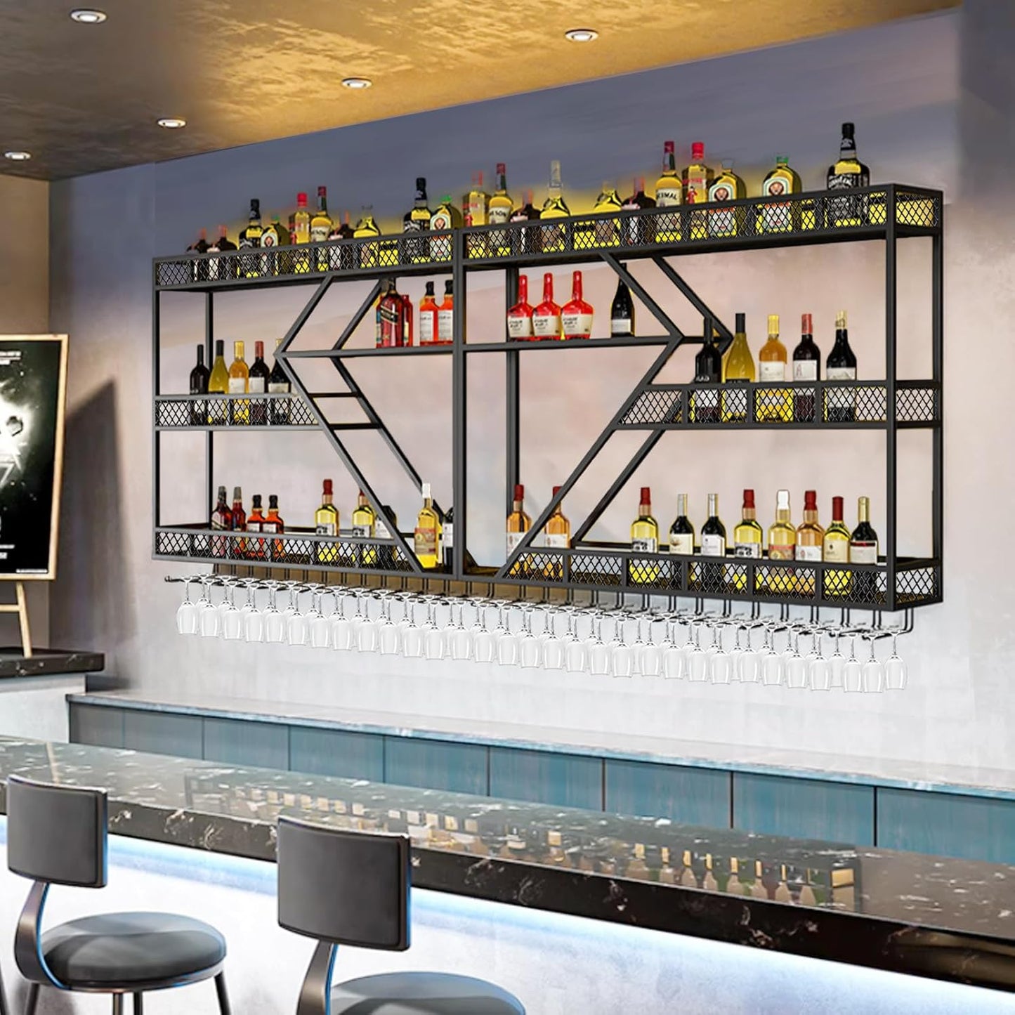 63in Metal Wine Rack Wall Mounted, Modern Wine Storage Rack Wall Mounted with Wine Glass Holder, Liquor Shelf, Bar Shelves for Liquor Bottles (3TIERS Black, 63 * 7.87 * 33.85INCH)