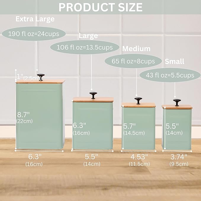 PERFNIQUE Kitchen Canisters, Airtight Canister Sets of 4 for Kitchen Counter, Sage Green Kitchen Accessories, Coffee Tea Sugar Flour Spice Tin Jars Food Storage (Sage Green)