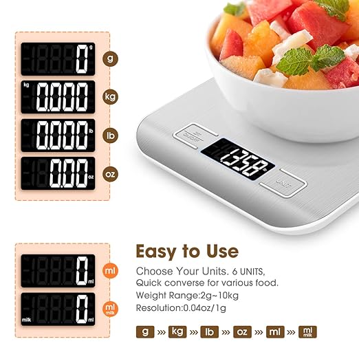Mik-Nana Food Scale, 22lb Digital Kitchen Scale Weight Grams and Oz for Baking and Cooking, 1g/0.1oz Precise Graduation, Easy Clean Stainless Steel