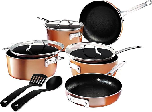 GOTHAM STEEL 10 Pc Copper Pots and Pans Set Non Stick Cookware Sets with Kitchen Utensils, Induction Ready, Non Toxic PFOA PFOS Free, Nesting Design for 50% Space Saving, Oven and Dishwasher Safe
