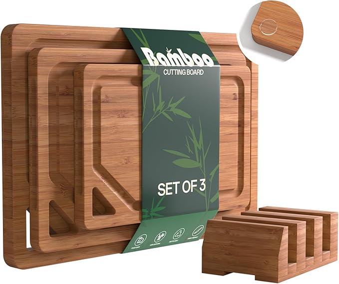 Bamboo Cutting Boards for Kitchen, [Set of 3] Wood Cutting Boards with Deep Juice Grooves, Built-in Handles & Holder, Charcuterie board & Chopping board for Meat, Vegetables and Fruits,Brown