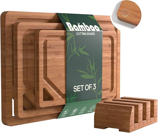 Bamboo Cutting Boards for Kitchen, [Set of 3] Wood Cutting Boards with Deep Juice Grooves, Built-in Handles & Holder, Charcuterie board & Chopping board for Meat, Vegetables and Fruits,Brown