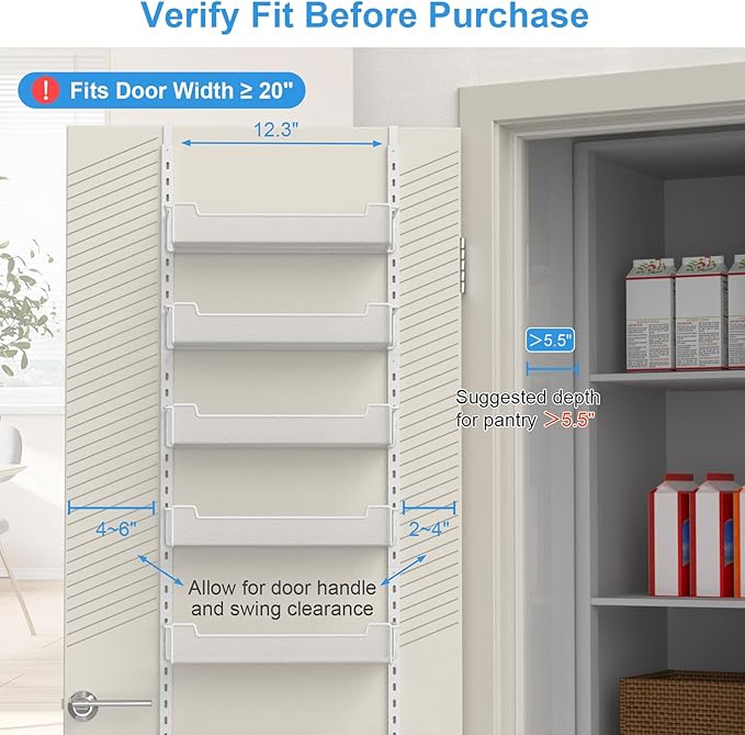 12.3" W Narrow Over the Door Pantry Organizer, 8-Tier Over the Door Organizer with Adjustable Basket, Pantry Door Organization for Pantry Kitchen Storage Room Spice Rack, White