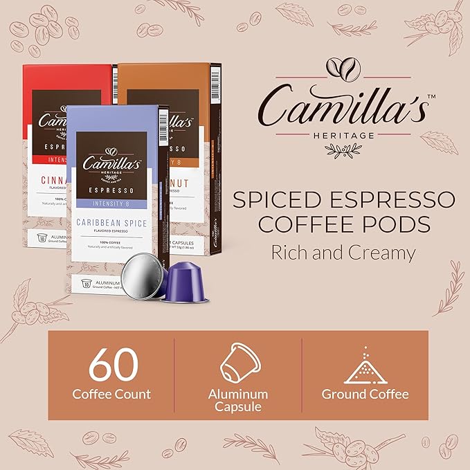 Camilla’s Heritage - Intensity 8 Flavored Espresso Coffee Spiced Variety Pack (Caribbean Spice, Cinnamon & Hazelnut Espresso Cups) 60 Coffee Pods