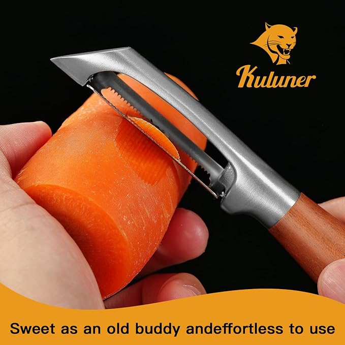 Serrated Blade Premium I Type 304 Stainless Steel Multifunctional Kitchen Peeler Real Wood Handle Ultra Sharp Blade Vegetable Potato Apple(Aosuan)