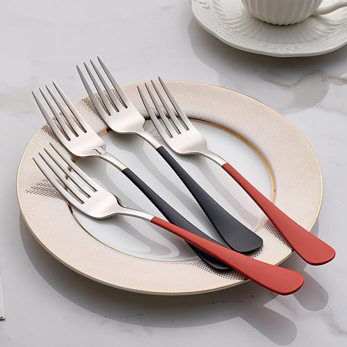 Red and Black Dinne Forks Set 24 Piece,Red and Black Handle Silverware Forks 18/0 Stainless Steel Flatware Bulk Forks,8.1-inch Dessert Forks Sets Table Forks Set of 24, Dishwasher Safe