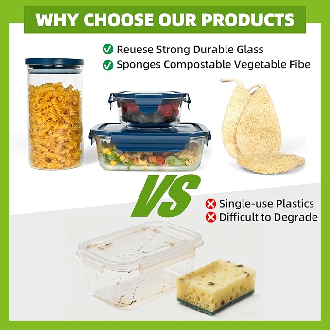 AURADYNE Glass Food Storage Containers with Lids, 3 Borosilicate Meal Prep Containers Reusable (5, 4.4, & 1.75 Cup), 6 Cotton Pot Holder Trivets, 3 Natural Loofah Sponges Lunch Oven Safe/Freezer/Clean